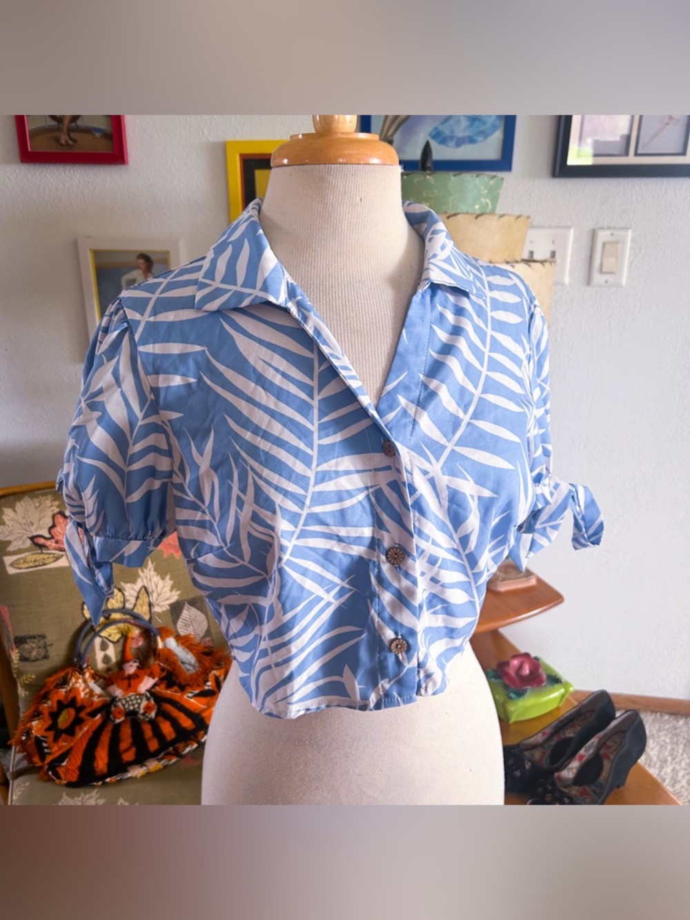 Retro 1940s Style Blouse | Tropical | Blue | M L | Crop | 40s